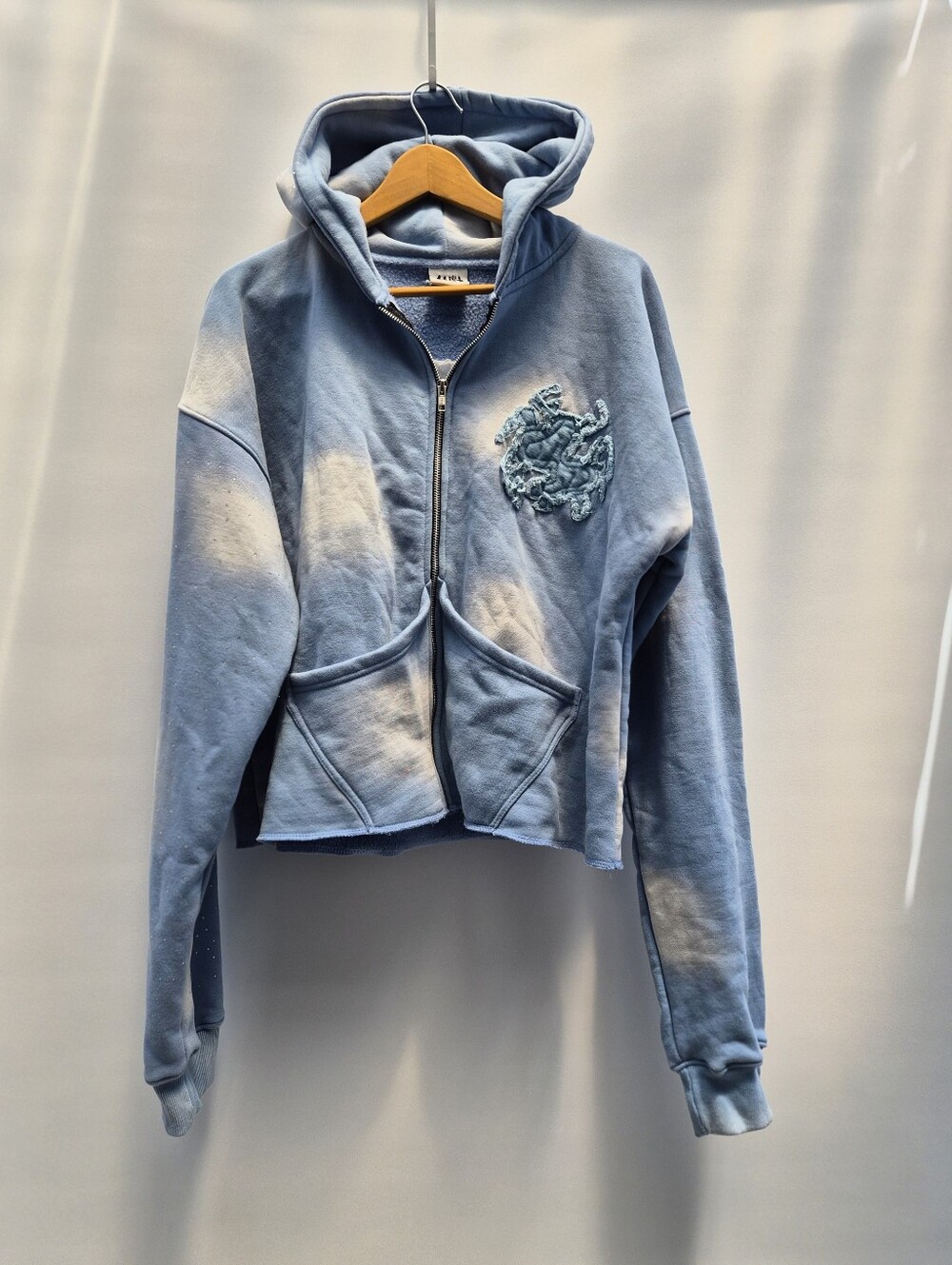 SAINT MICHAEL Mxxxxxx Distressed Zip Up Hoodie Rhinestone Frayed Applique Blue M